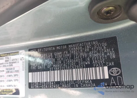 2006 Toyota Corolla Le z USA, uszkodzony, nr VIN 2T1BR32E56C629521